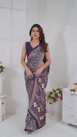 Blue Floral Printed Silk Crepe Saree