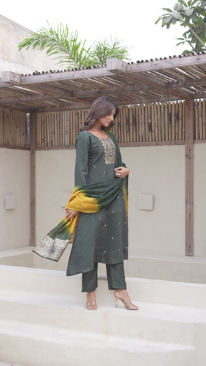Mehandi Green Floral Embroidered Viscose A-Line Salwar Suit