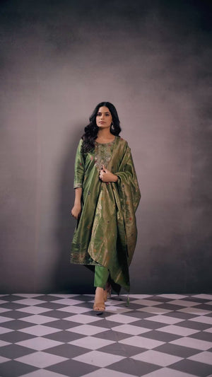 Mehandi Green Floral Handwork Woven Shimmer Straight Salwar Suit