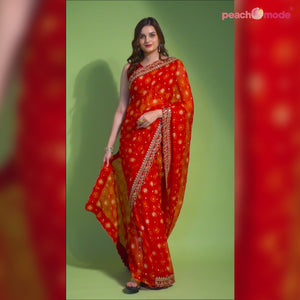 Red Bandhani Foil Printed Georgette Saree With Embroidered Border