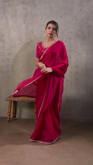 Pink Solid Chiffon Saree With Sparkling Zarkan Border & Latkan Pallu