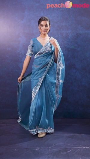 Blue Zarkan Diamond Work Tissue Silk Saree