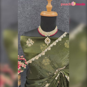 Green Sequins Embroidered Chiffon Saree