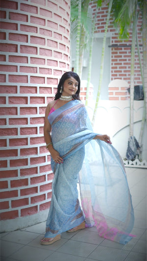 Beautiful Sky Blue Tissue Handloom Saree with Detailed Digital Floral Embellishments