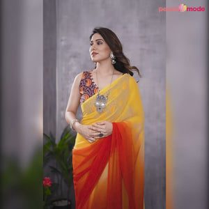 Red & Orange Ombre Printed Georgette Ready To Wear Saree