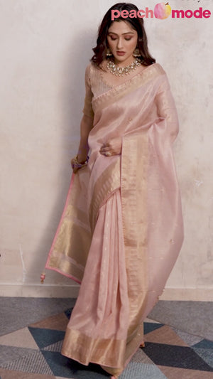 Pink Beads Work Woven Linen Slub Saree