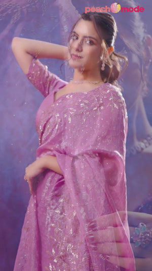 Lavender Floral Handwork Crush Silk Fancy Fabric Saree