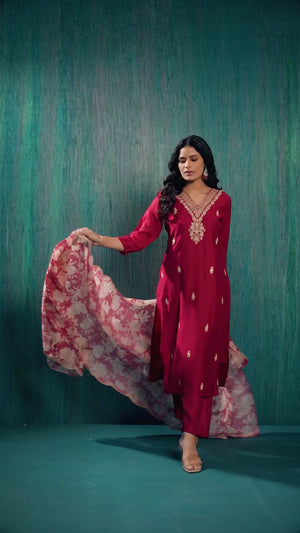 Rani Pink Beads Work Embroidered Chanderi Straight Salwar Suit