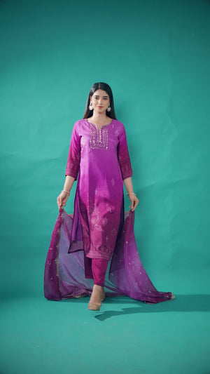 Purple Sequins Embroidered Muslin Straight Salwar Suit