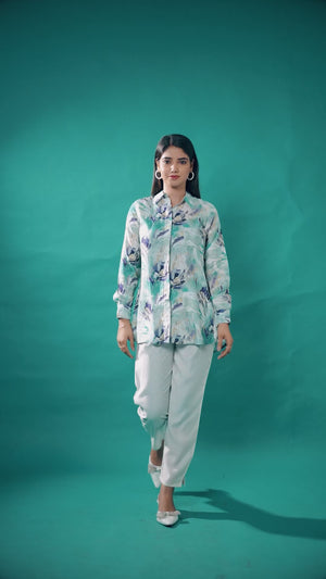 Sea Green Floral Printed Muslin Straight Top