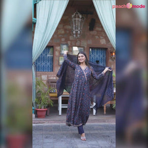 Blue Floral Printed Chanderi Silk Anarkali Salwar Suit