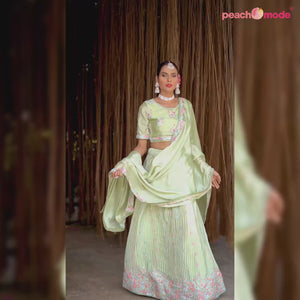 Pista Green Sequins Floral Embroidered Chiffon Lehenga Choli