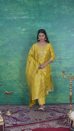 Mustard Floral Woven Dola Silk Salwar Suit