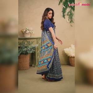 Navy Blue Floral Printed Crepe Saree