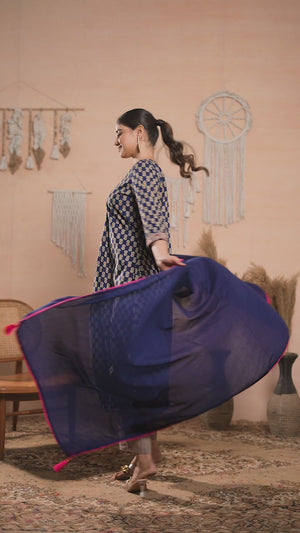 Navy Blue Floral Printed Pure Cotton A-Line Salwar Suit