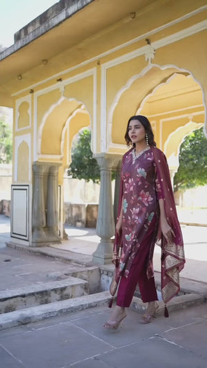 Wine Floral Foil Pinted With Handwork Viscose Salwar Suit