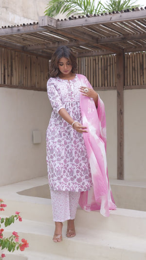 White & Pink Floral Printed Pure Cotton Naira Cut Salwar Suit