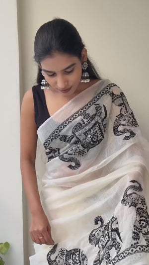 Cream Colored Floral Printed Saree in Comfortable Linen Cotton Fabric