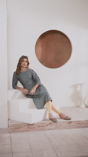 Grey Floral Foil Printed Muslin Viscose Kurti