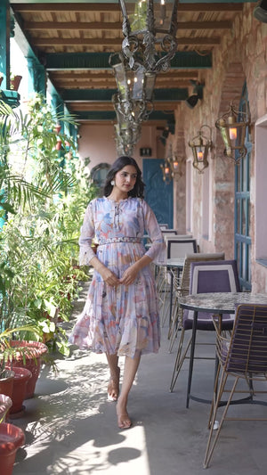 Multicolor Floral Printed Chiffon Maxi Dress With Waist Belt