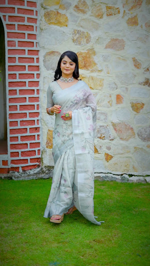 Beautiful Cream Tissue Handloom Saree with Digital Floral Embellishments