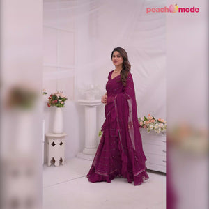 Wine Mirror Work Embroidered Georgette Saree With Ruffle Border