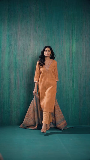 Orange Thread Work Embroidered Linen Straight Salwar Suit