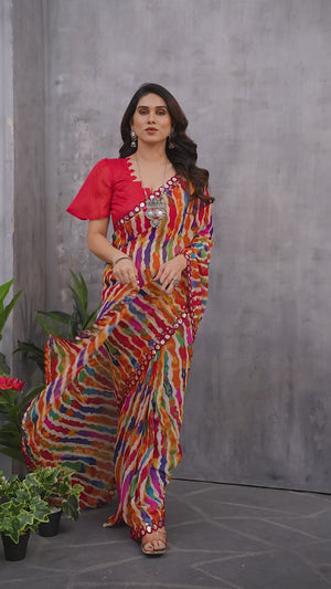Multicolor Striped Printed Georgette Saree With Embroidered Border