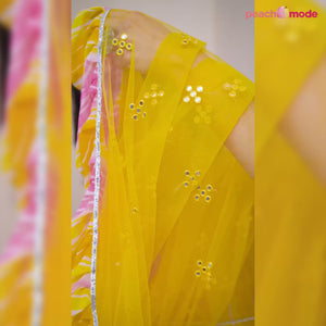 Yellow Embroidered Georgette Ruffle Saree
