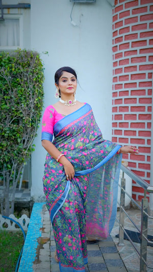 Beautiful Blue Tissue Handloom Saree with Digital Floral Embellishments