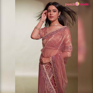 Peach Sequins Embroidery With Mirror Handwork Twill Net Saree