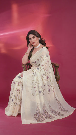 Ethereal Cream Brasso Chiffon Saree with Delicate Floral Foil Print