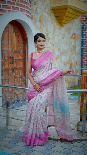 Beautiful Cream Tissue Handloom Saree with Detailed Digital Floral Embellishments