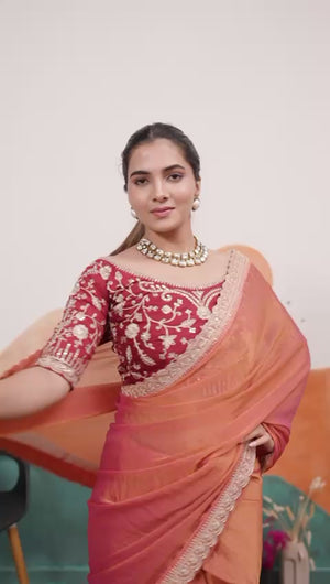 Sophisticated Gajari Pink Solid Moss Orgnaza Saree With Intricate Cording Sequins Embroidery Border