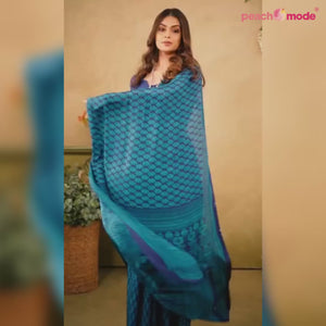 Blue Floral Printed Crepe Saree