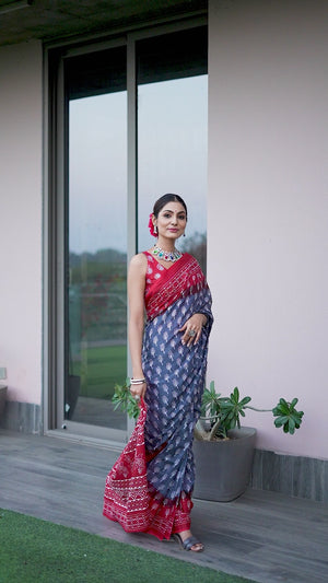Vibrant Red & Grey Floral Print Soft Cotton Saree for Daily Wear