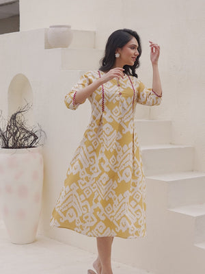Pure Cotton Mustard A-Line Kurti with Ethnic Ikkat Patterns