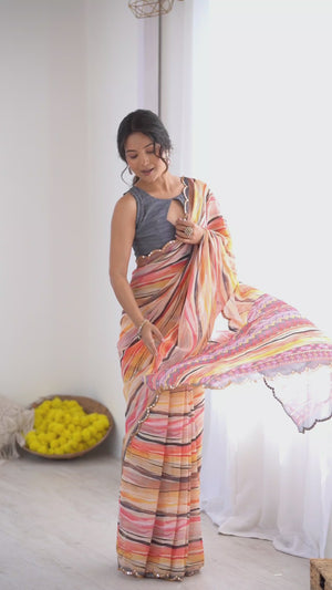 Orange Georgette Saree Featuring Digital Print & Mirror Embroidery Border