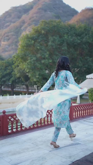 Grey & Turquoise Floral Foil Printed Rayon Salwar Suit