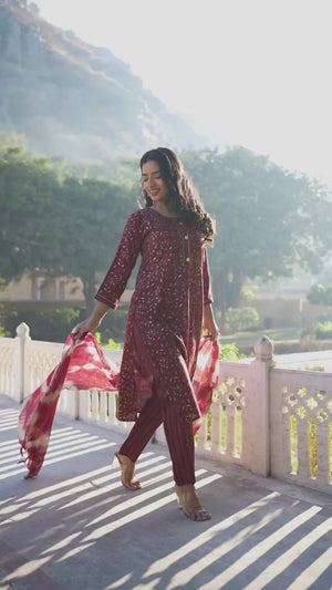 Red Floral Foil Printed Rayon Salwar Suit