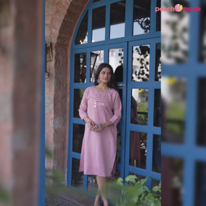 Peach Striped Embroidered Rayon Straight Kurti