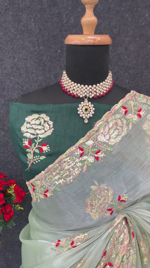 Green Sequins Work Embroidered Chiffon Saree