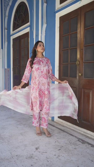 Baby Pink Floral Foil Printed Rayon Salwar Suit