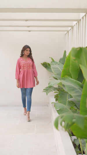 Peach Floral Embroidered Rayon A-Line Top