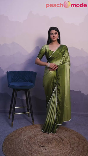 Green Ombre Satin Saree with Delicate Bead Embellishments