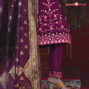 Purple Floral Sequins Embroidered Cotton Silk Suit
