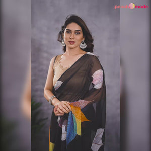 Black Printed Georgette Ready To Wear Saree