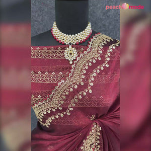 Maroon Embroidered Chiffon Saree