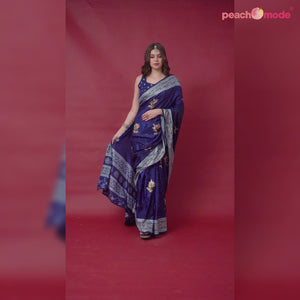 Blue Floral Foil Printed Art Silk Saree