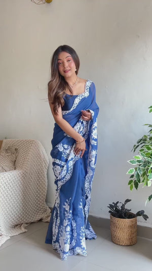 Blue Embroidered Georgette Saree Featuring Ornate Heavy Thread Work